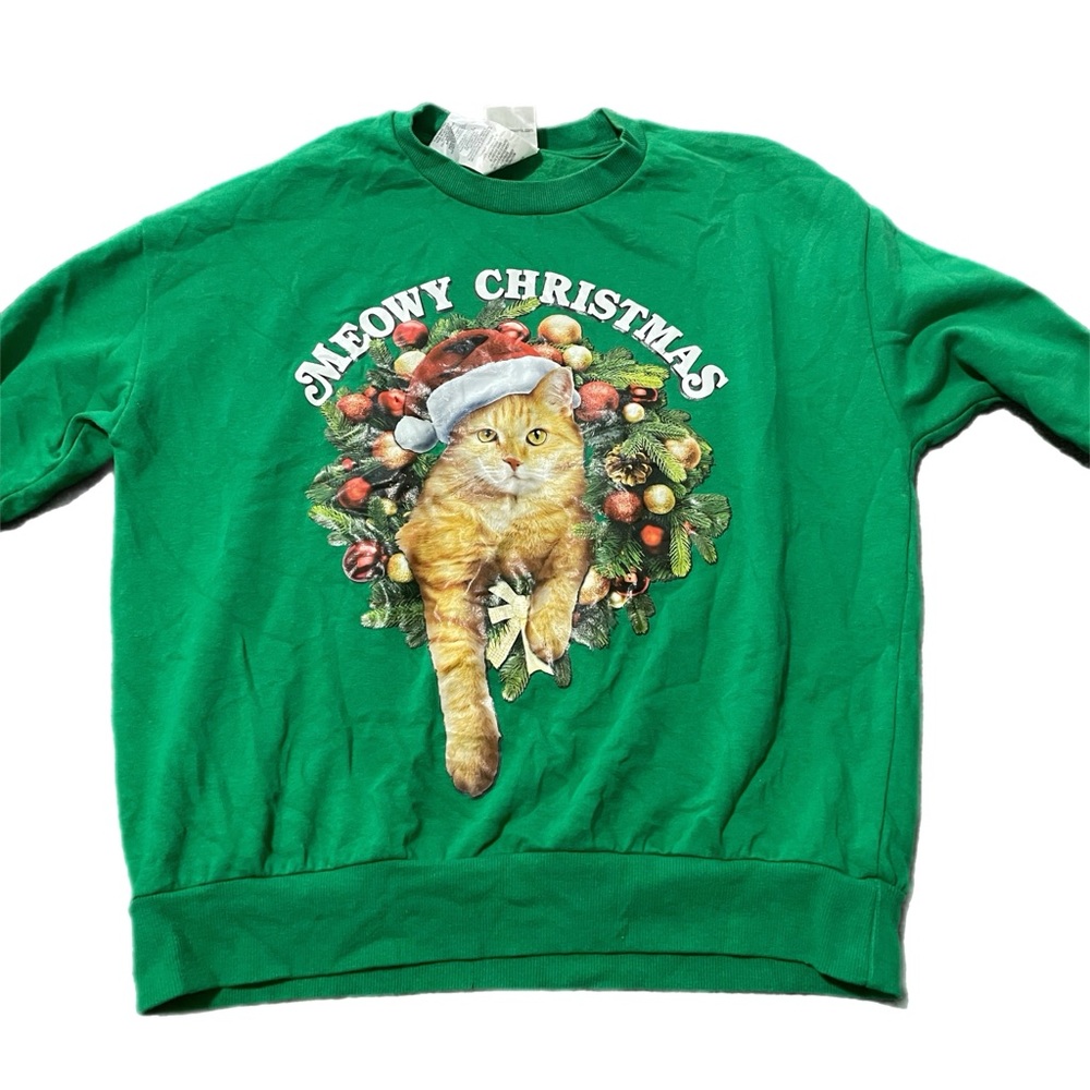 Hanes Festive Green Cat Christmas Sweatshirt